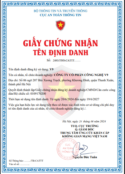 Mẫu giấy chứng nhận tên định danh của công ty V9