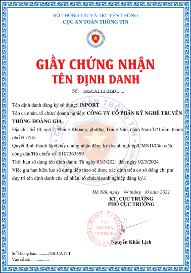 Mẫu giấy chứng nhận tên định danh của công ty ISPORT