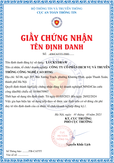 Mẫu giấy chứng nhận tên định danh của công ty LUCKYDRAW