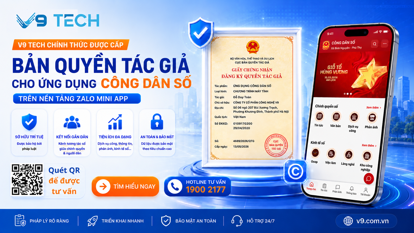 V9 Tech chính thức được cấp Bản quyền tác giả cho Ứng dụng Công dân số trên nền tảng Zalo Mini App