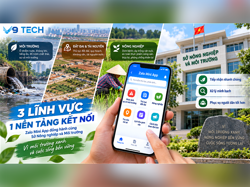 Ba lĩnh vực môi trường, đất đai và tài nguyên, nông nghiệp cùng một nền tảng Zalo Mini App, kèm hình trụ sở Sở Nông nghiệp và Môi trường
