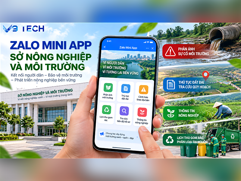 Màn hình Zalo Mini App với các mục phản ánh môi trường, thủ tục đất đai, cảnh báo theo địa bàn, lịch thu gom rác, tra cứu tiến độ hồ sơ và thông tin nông nghiệp